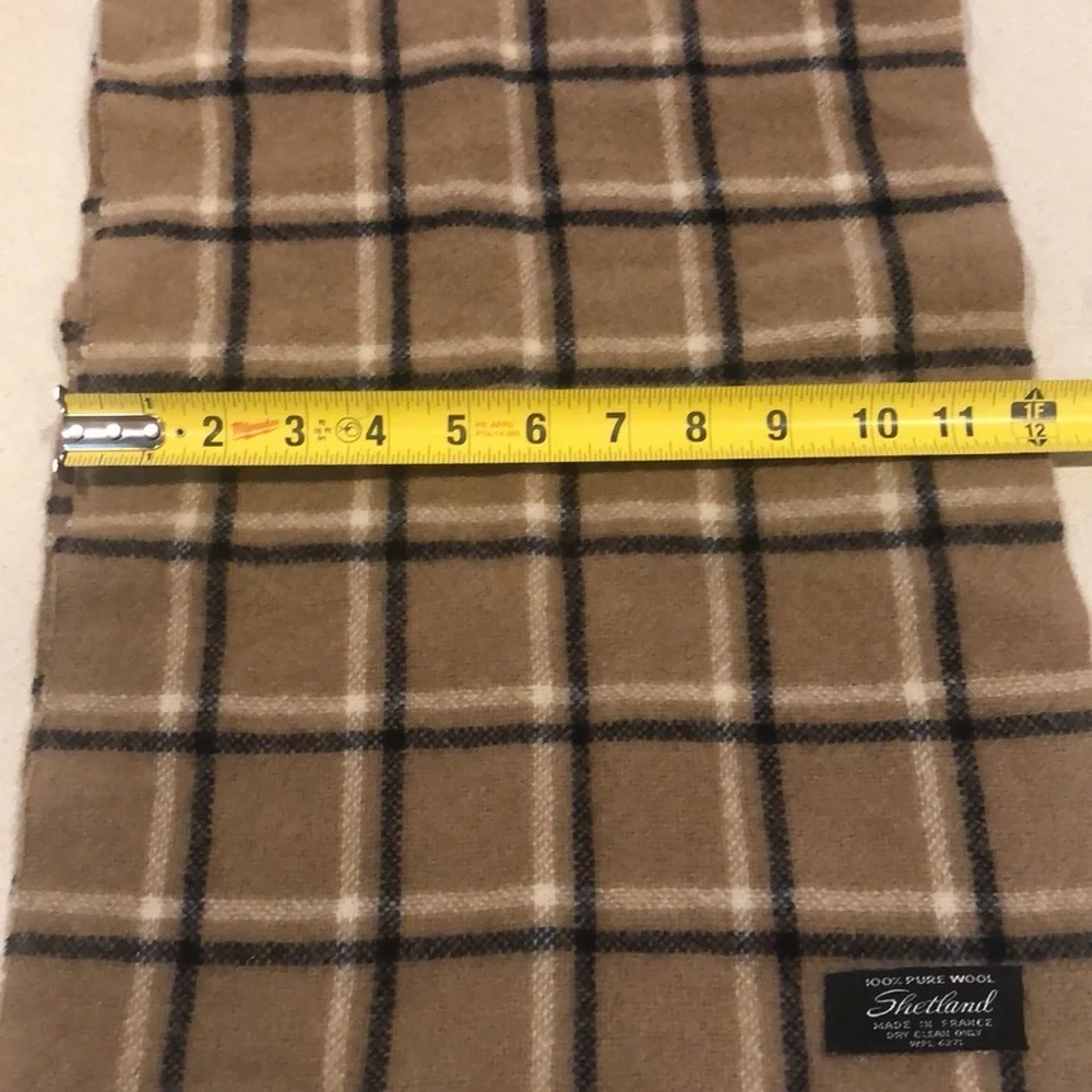 SHETLAND LONG WOOL PLAID SCARF WITH FRINGE TAN BLACK WHITE UNISEX